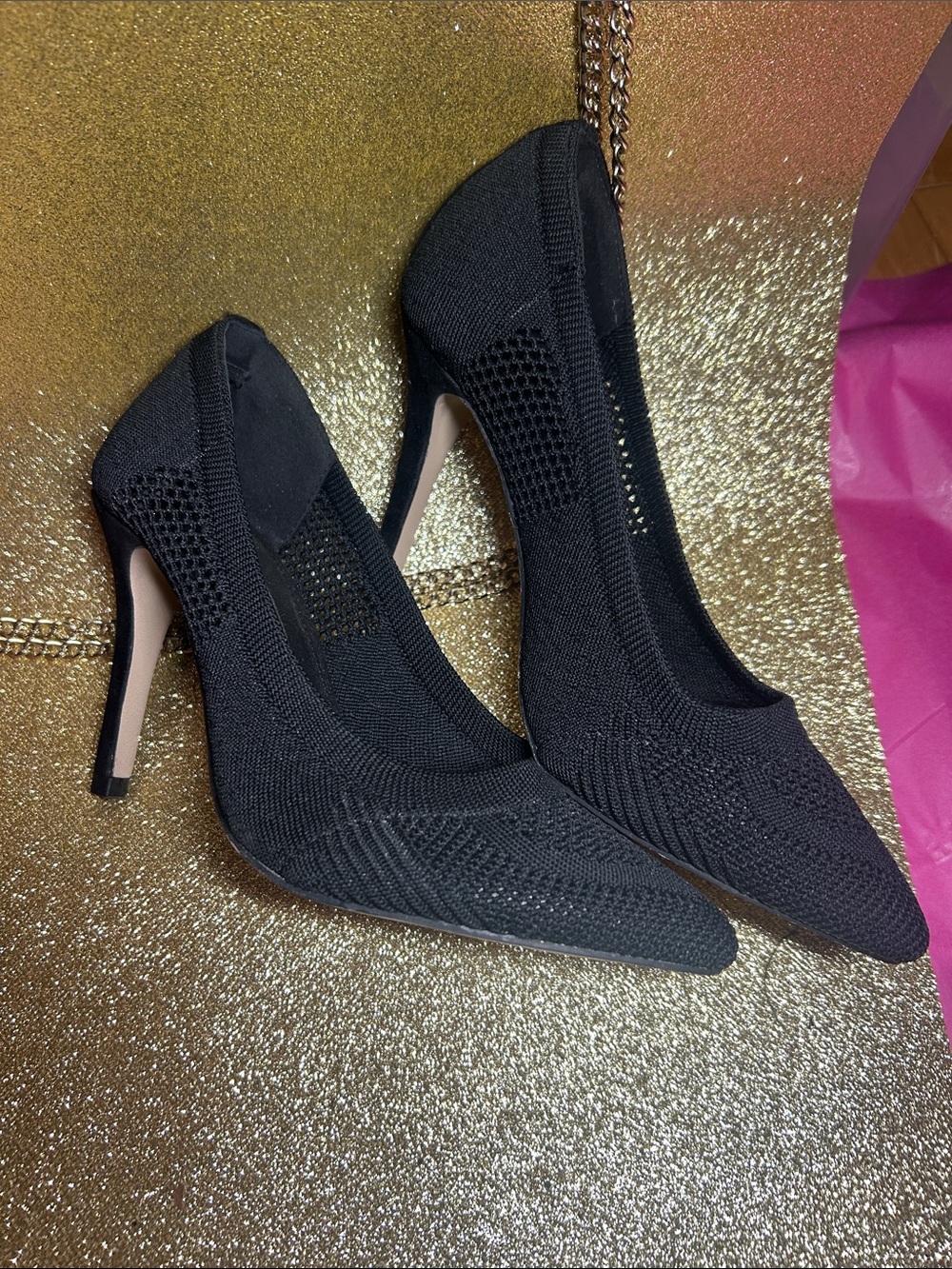 Women's Black Knit Pointed High Heels NWOT